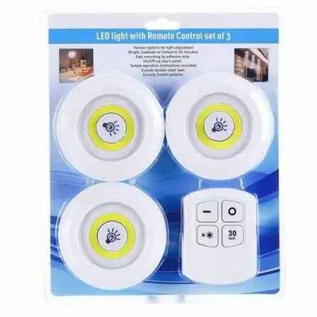 Pack Of 3 LED Remote Control Lights | Tap Light For Cabinet Wardrobe Room Kitchen & Office Use | Self-adhesive Lights With Remote (Cell Operated)